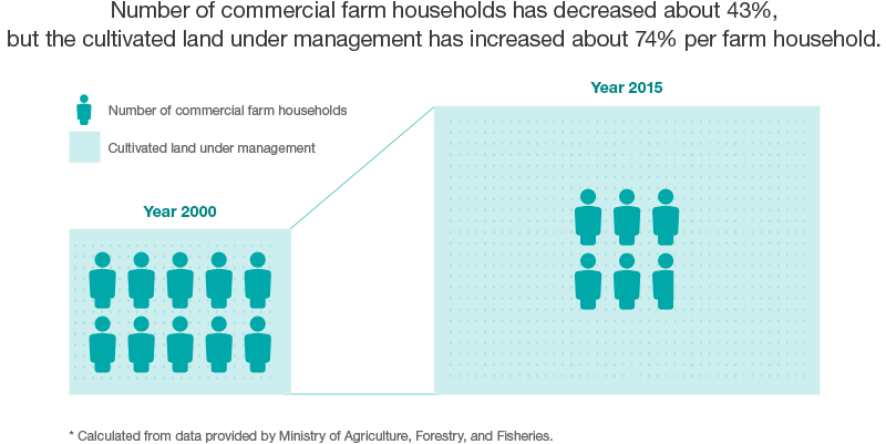 Number of commercial farm households has decreased about 43%, but the cultivated land under management has increased about 74% per farm household.