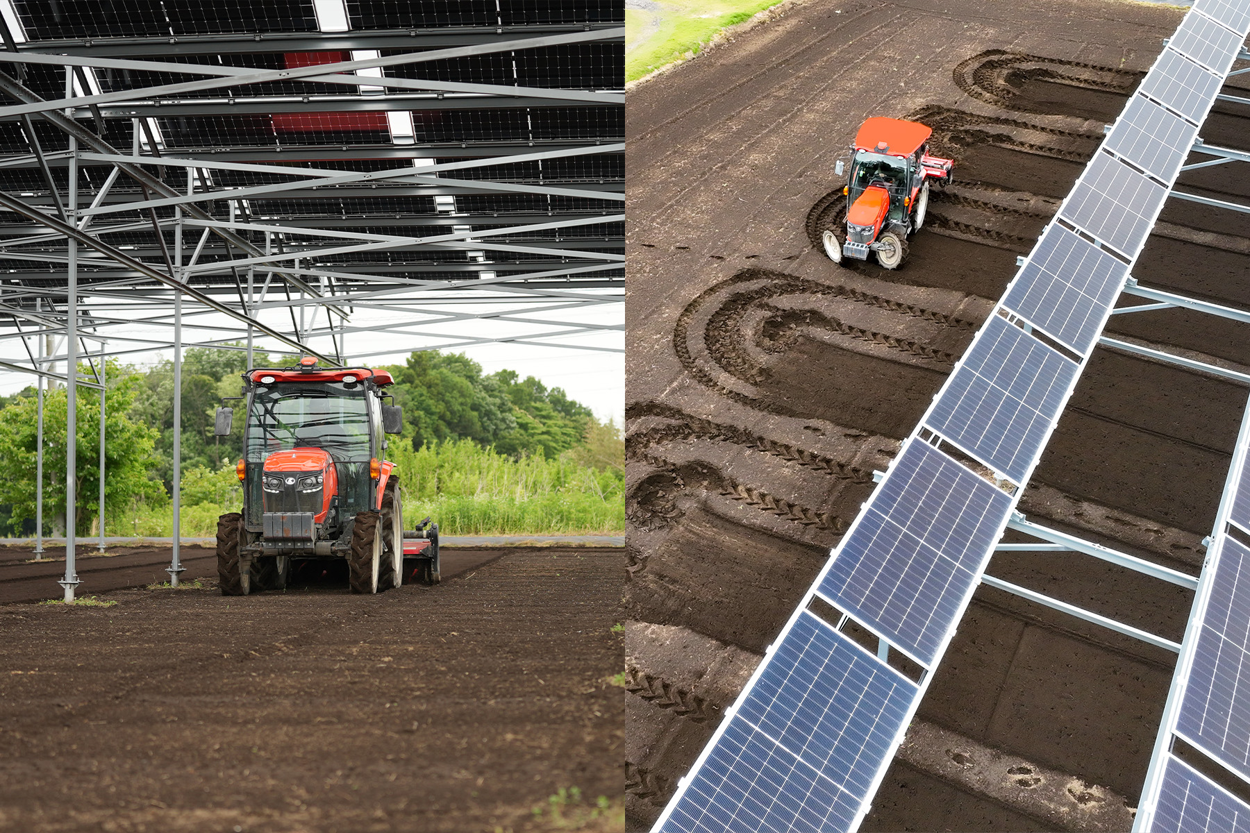 Left: A large tractor tilling a field beneath an agrivoltaic installation. Right: Aerial view showing turning space for agricultural machinery at the edge of the field.