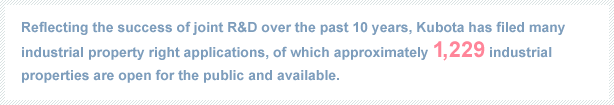 Reflecting the success of joint R&D over the past 10 years, Kubota has filed many industrial property right applications, of which approximately 1,229 industrial properties are open for the public and available.