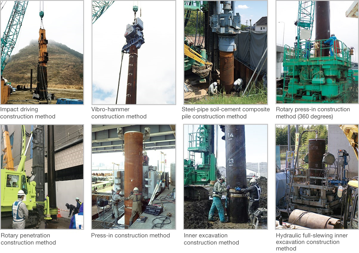 Impact driving construction method Vibro-hammer construction method Steel-pipe soil-cement composite pile construction method Rotary press-in construction method (360 degrees) Rotary penetration construction method Press-in construction method Inner excavation construction method Hydraulic full-slewing inner excavation construction method