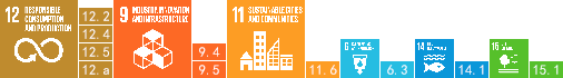 12.RESPONSIBLE CONSUMPTION & PRODUCTION,12.2,12.4,12.5,12.a,9.INDUSTRY, INNOVATION AND INFRASTRUCTURE,9.4,9.5,11.SUSTAINABLE CITIES AND COMMUNITIES,11.6,6.CLEAN WATER AND SANITATION,6.3,14.LIFE BELOW WATER,14.1,15.LIFE ON LAND,15.1