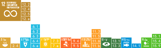 12.RESPONSIBLE CONSUMPTION & PRODUCTION,12.2,12.4,12.5,12.a,2.ZERO HUNGER,2.4,6.1,6.CLEAN WATER AND SANITATION,6.2,6.3,6.4,6.a7.AFFORDABLE AND CLEAN ENERGY,7.3,7.a9.INDUSTRY, INNOVATION AND INFRASTRUCTURE,9.4,9.5,11.SUSTAINABLE CITIES AND COMMUNITIES,11.3,11.5,11.6,11.b,13.CLIMATE ACTION13.1,13.3,14.LIFE BELOW WATER,14.1,15.LIFE ON LAND,15.1,15.4,15.9