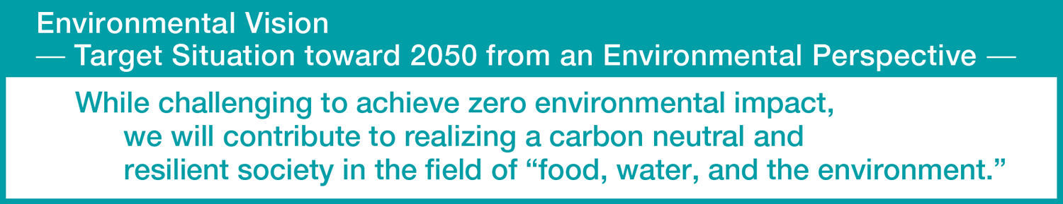 Environmental Vision
̶ Target Situation toward 2050 from the Environmental Perspective ̶
While challenging to achieve zero environmental impact, we will contribute to realizing a carbon neutral and resilient society in the fields of “food, water, and the environment.